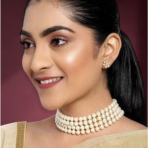 Gold Plated Pearl Beaded Choker Necklace with Stud Earrings for Women Stylish